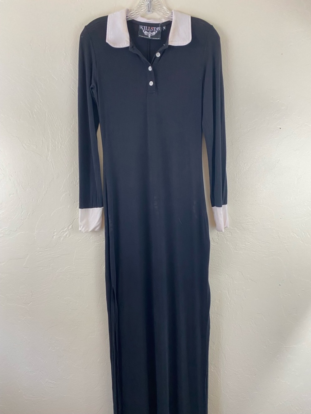 Killstar Size Small Black Collar Jersey Knit Full Sleeve High Slit Maxi Dress